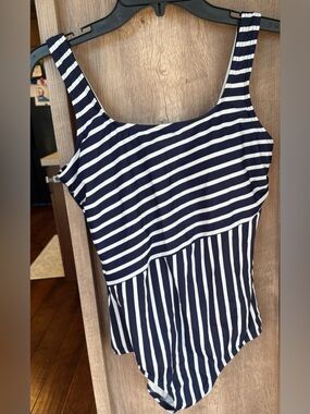 Lands' End Navy and White Striped One-Piece Swimsuit